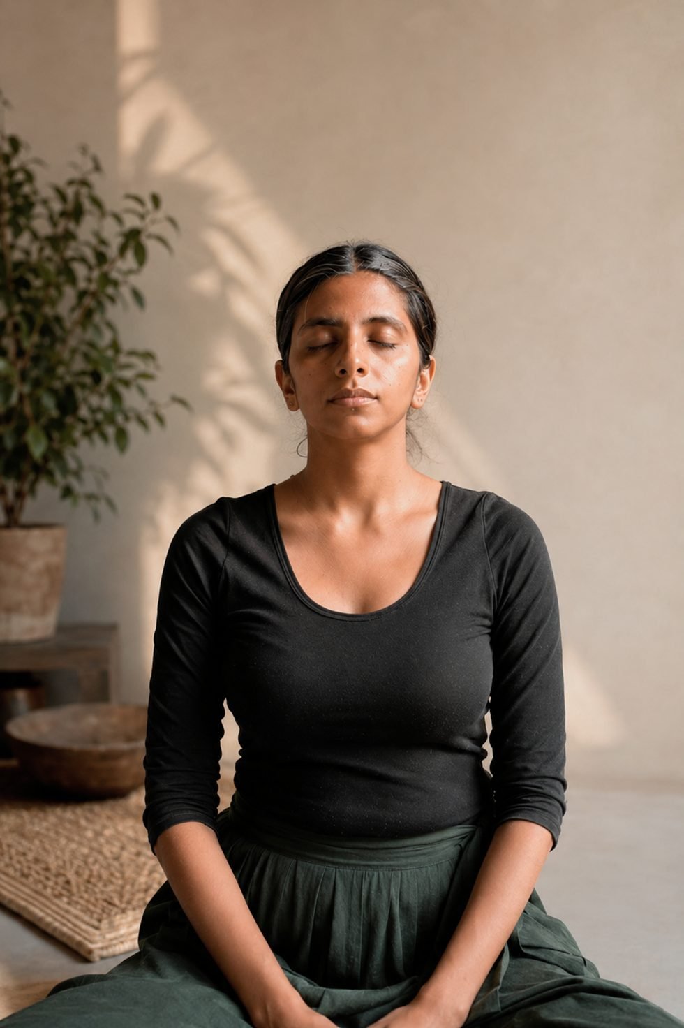 Shivani, yoga teacher and meditation coach in Gurugram, seated in quiet meditation in morning light